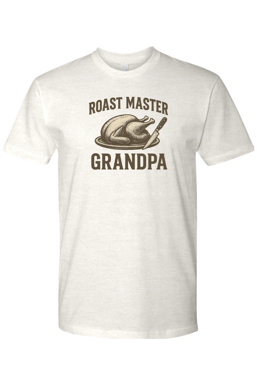 Light cream Thanksgiving t-shirt with "Roast Master Grandpa" text with a turkey design grandparent funny fall holiday short sleeve shirt
