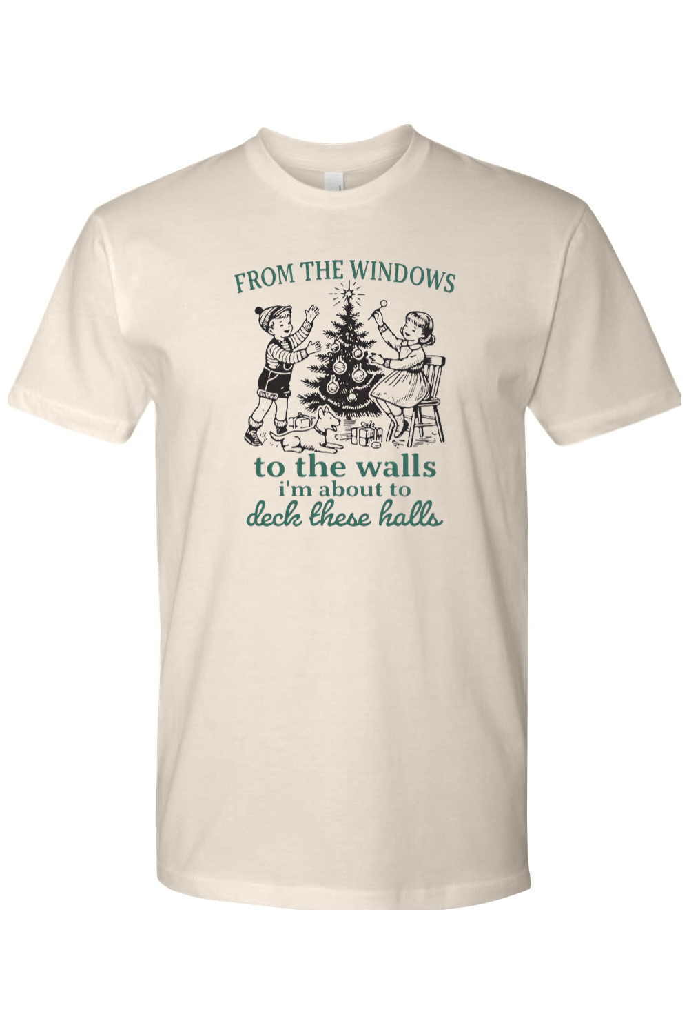 Beige Christmas t-shirt with "From The Windows To The Walls I'm About To Deck These Halls" text in green with a vintage boy, girl, and dog decorating a Christmas tree design funny humor holiday short sleeve shirt