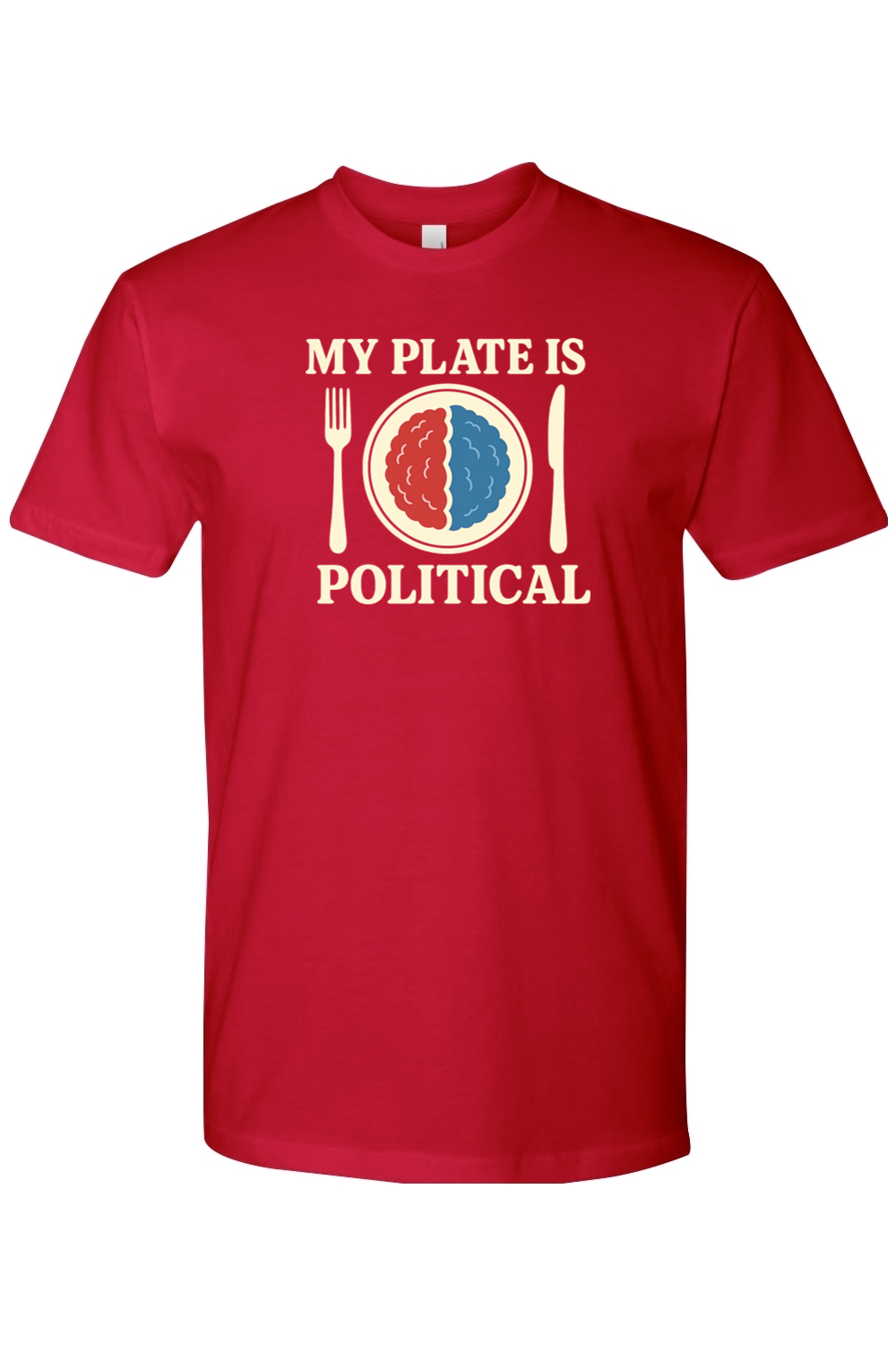 Red Thanksgiving t-shirt with "My Plate is Political" text and a plate with red and blue mashed potatoes, fork, and knife design sarcastic funny political fall holiday short sleeve shirt