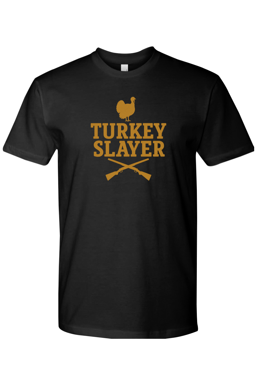Black Thanksgiving t-shirt with "Turkey Slayer" text and turkey hunting design funny fall hunter holiday short sleeve shirt