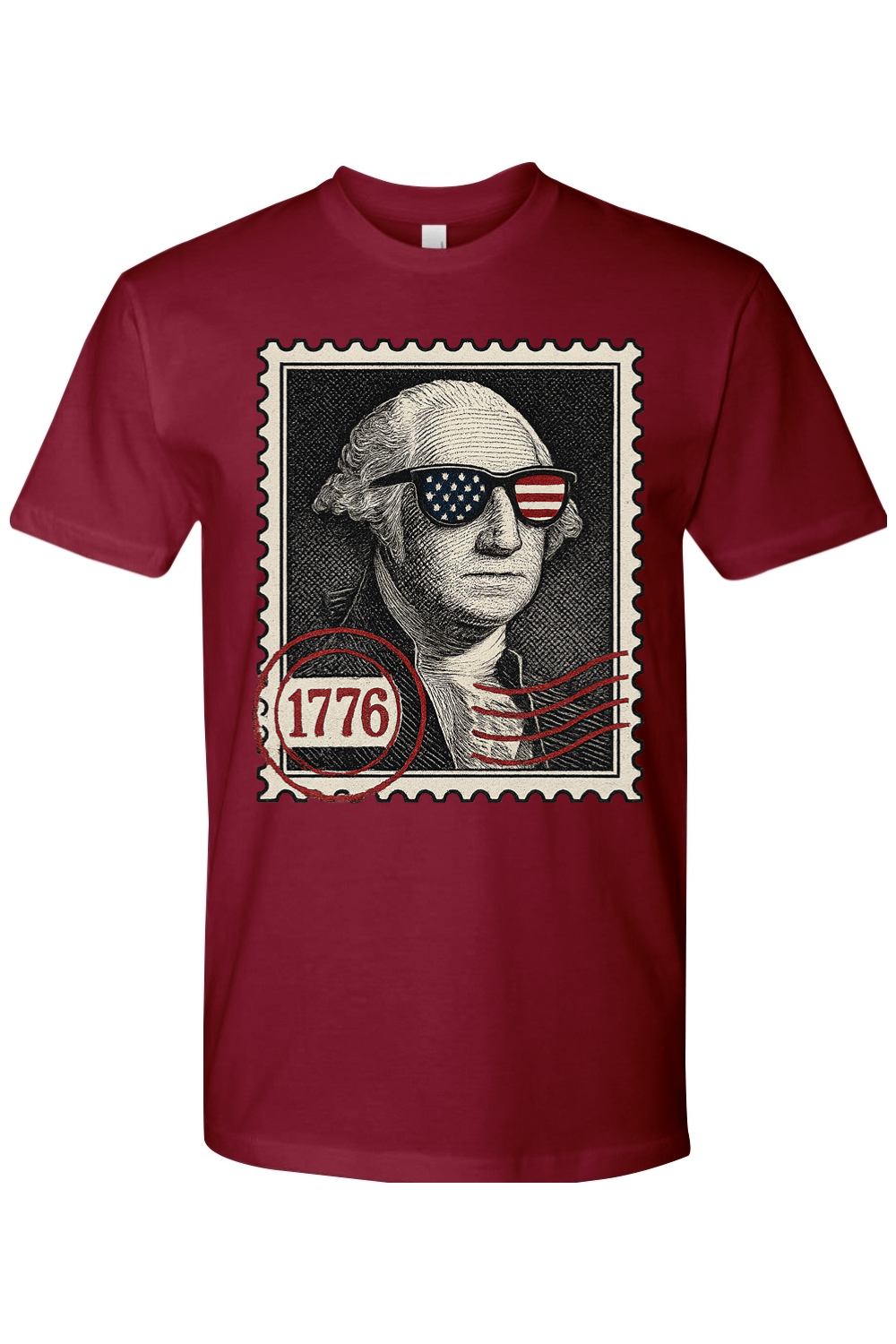 Red t-shirt with a graphic of George Washington wearing sunglasses and a '1776' stamp design.