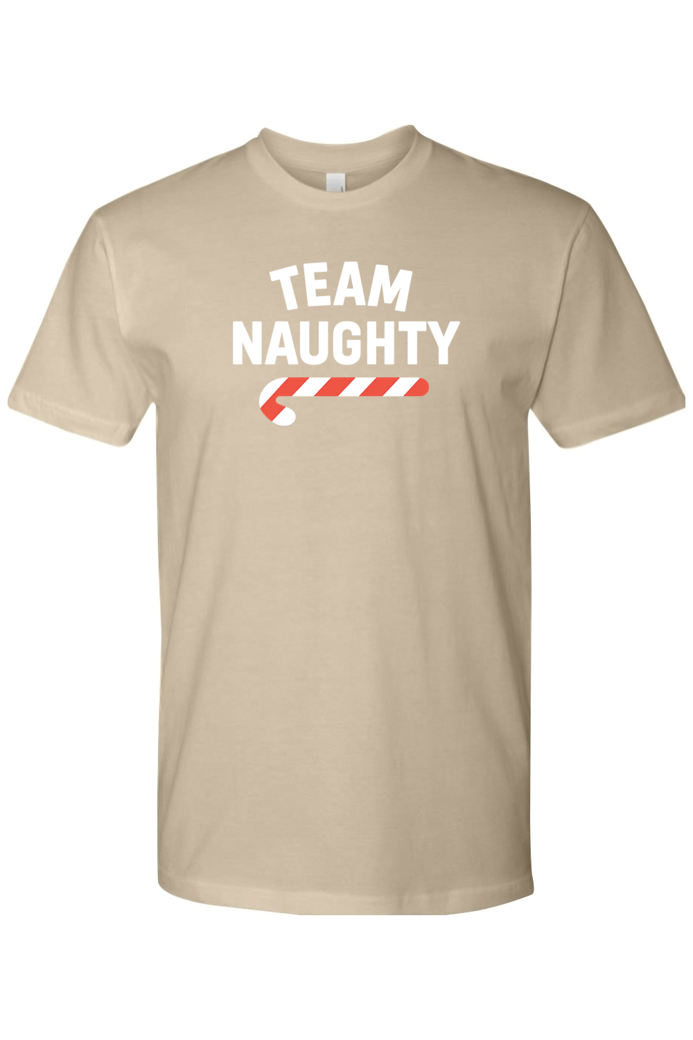 Beige Christmas t-shirt with "Team Naughty" text in white with a candy cane design funny sarcastic humor holiday short sleeve shirt