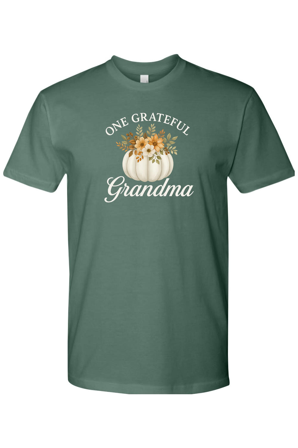Pine green Thanksgiving t-shirt with "One Grateful Grandma" text and a pumpkin with flowers design cute grandparent fall holiday short sleeve shirt