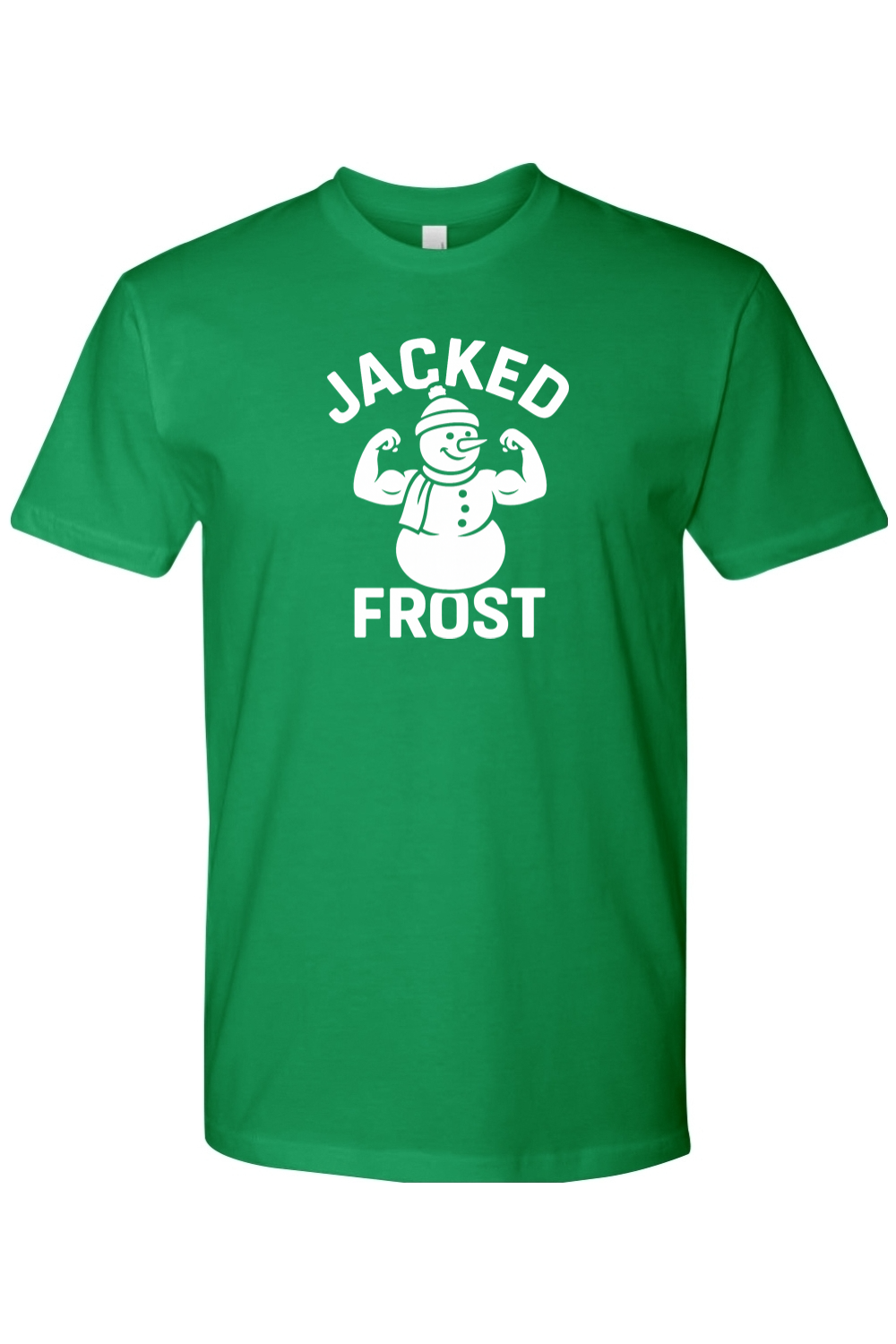 Green Christmas t-shirt with "Jacked Frost" text in white with a muscular snowman flexing his biceps design funny gym humor festive holiday short sleeve shirt