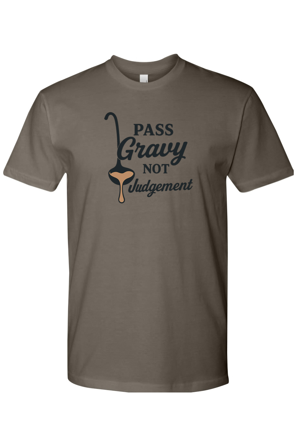 Dark gray grey Thanksgiving t-shirt with "Pass Gravy Not Judgement" text with a gravy spoon funny humor fall holiday short sleeve shirt