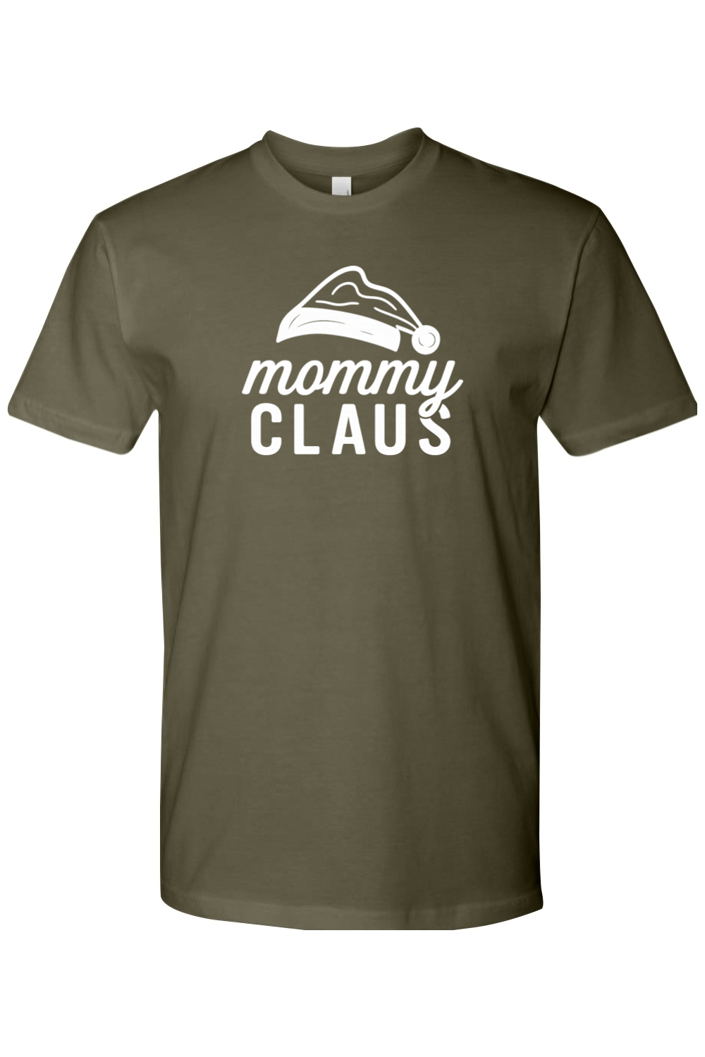 Olive green Christmas t-shirt with "mommy claus" text and a Santa hat design cute funny trendy mom holiday short sleeve shirt