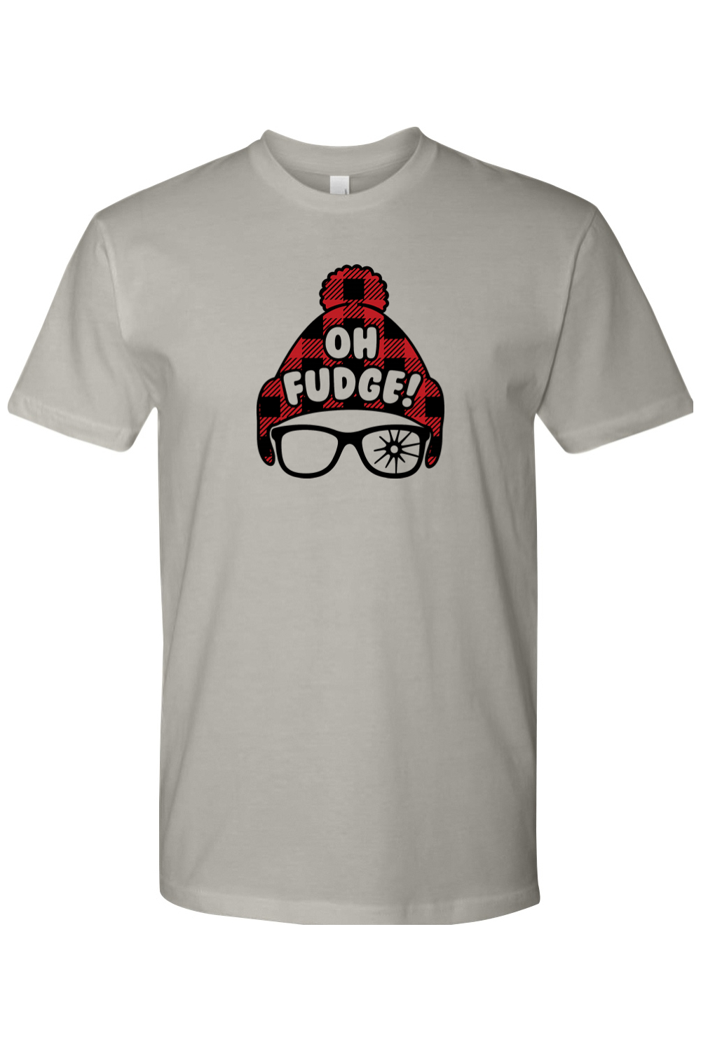 Gray Christmas t-shirt with "Oh Fudge!" text and a plaid hat and broken glasses design funny holiday humor short sleeve shirt