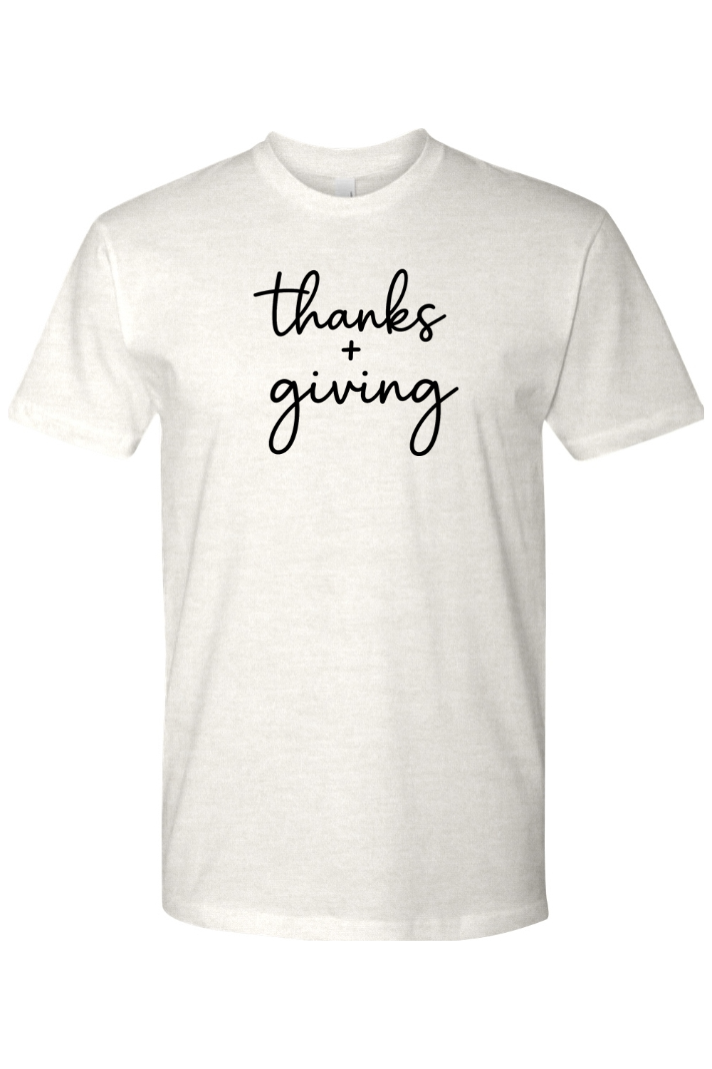 Light cream Thanksgiving t-shirt with "thanks + giving" text in black cute trendy fall holiday short sleeve shirt