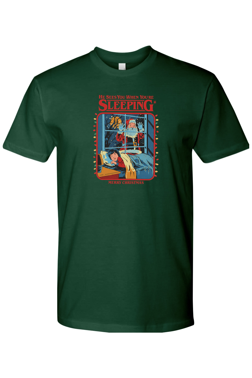 Dark green Christmas t-shirt with "He Sees You When You're Sleeping Merry Christmas" text in red with Santa looking through a kid's window design funny humor holiday short sleeve shirt
