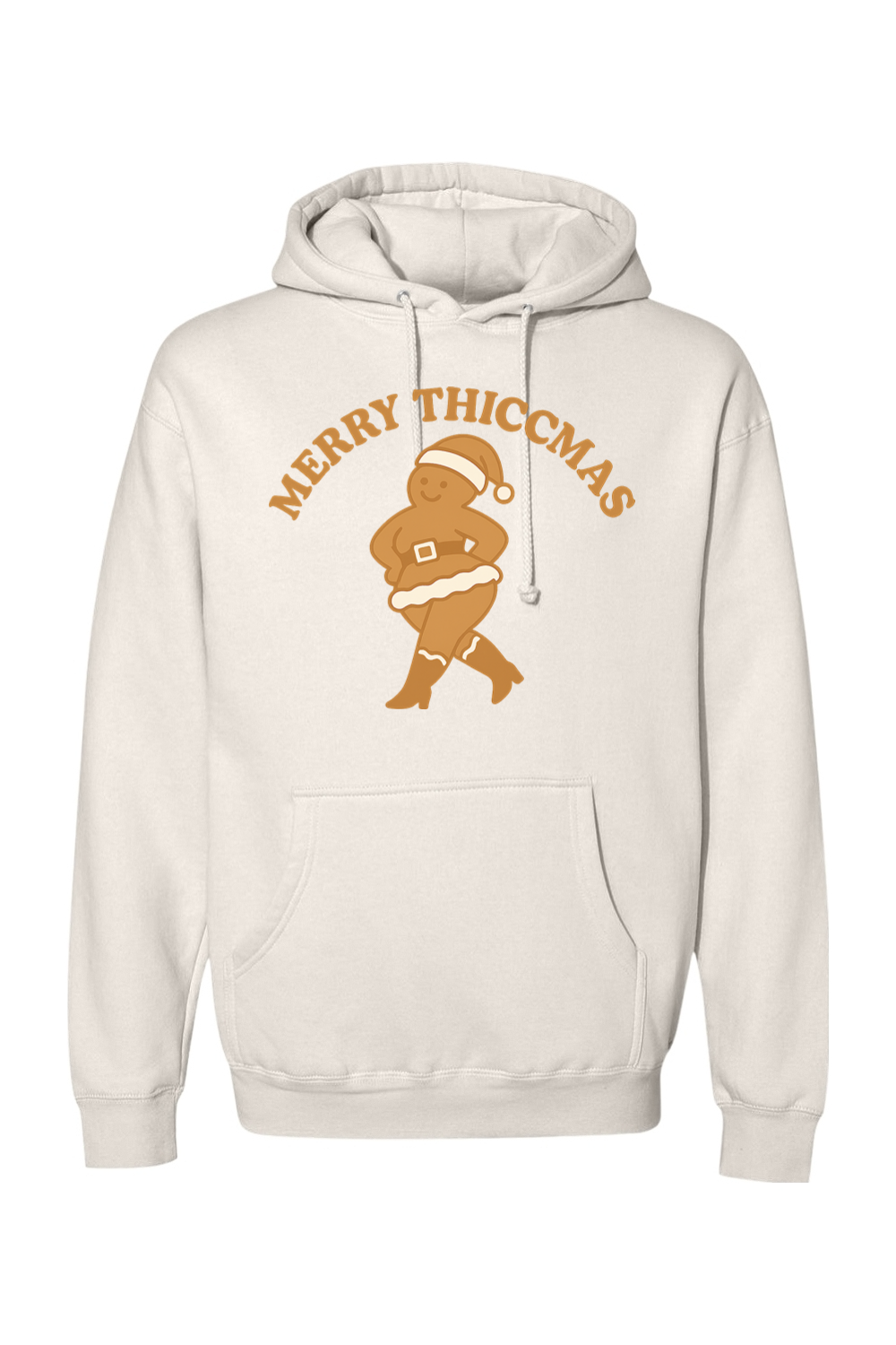 Cream Christmas hoodie with "Merry Thiccmas" text and a curvy gingerbread woman design funny humor edgy holiday festive long sleeve hooded sweatshirt