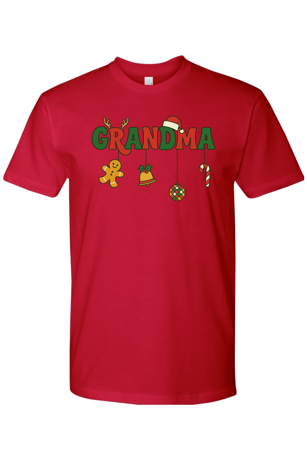 Red Christmas t-shirt with "Grandma" text with gingerbread, bell, disco ball, and candy cane ornaments hanging off the letters cute festive grandma grandmother holiday short sleeves shirt