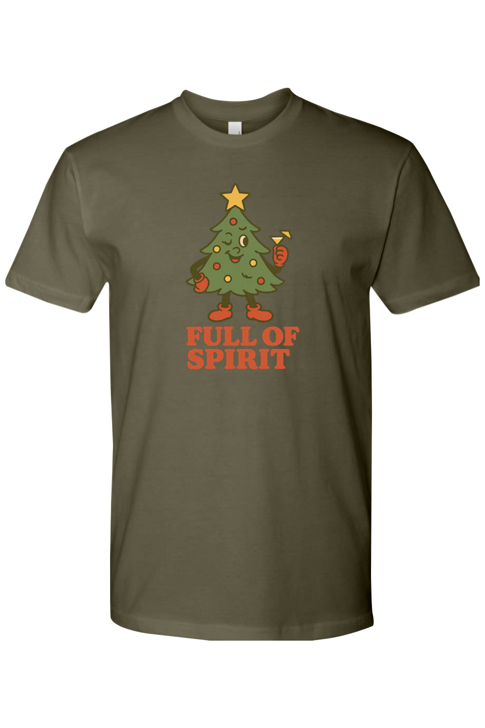 Dark olive green vintage Christmas t-shirt with "Full of Spirit" text with a Christmas tree holding a cocktail funny cute holiday humor short sleeve shirt