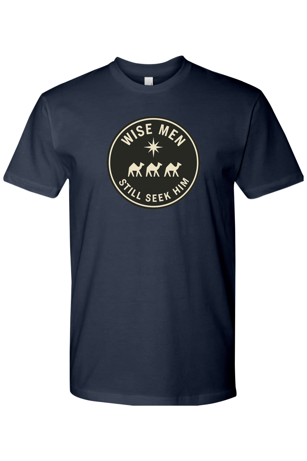 Navy blue religious Christmas t-shirt with "Wise Men Still Seek Him" with three camels and a star design Jesus God Christian holiday short sleeve shirt