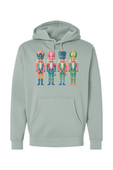 Light green Christmas hoodie with 4 colorful nutcrackers design cute girly festive holiday long sleeve hooded sweatshirt