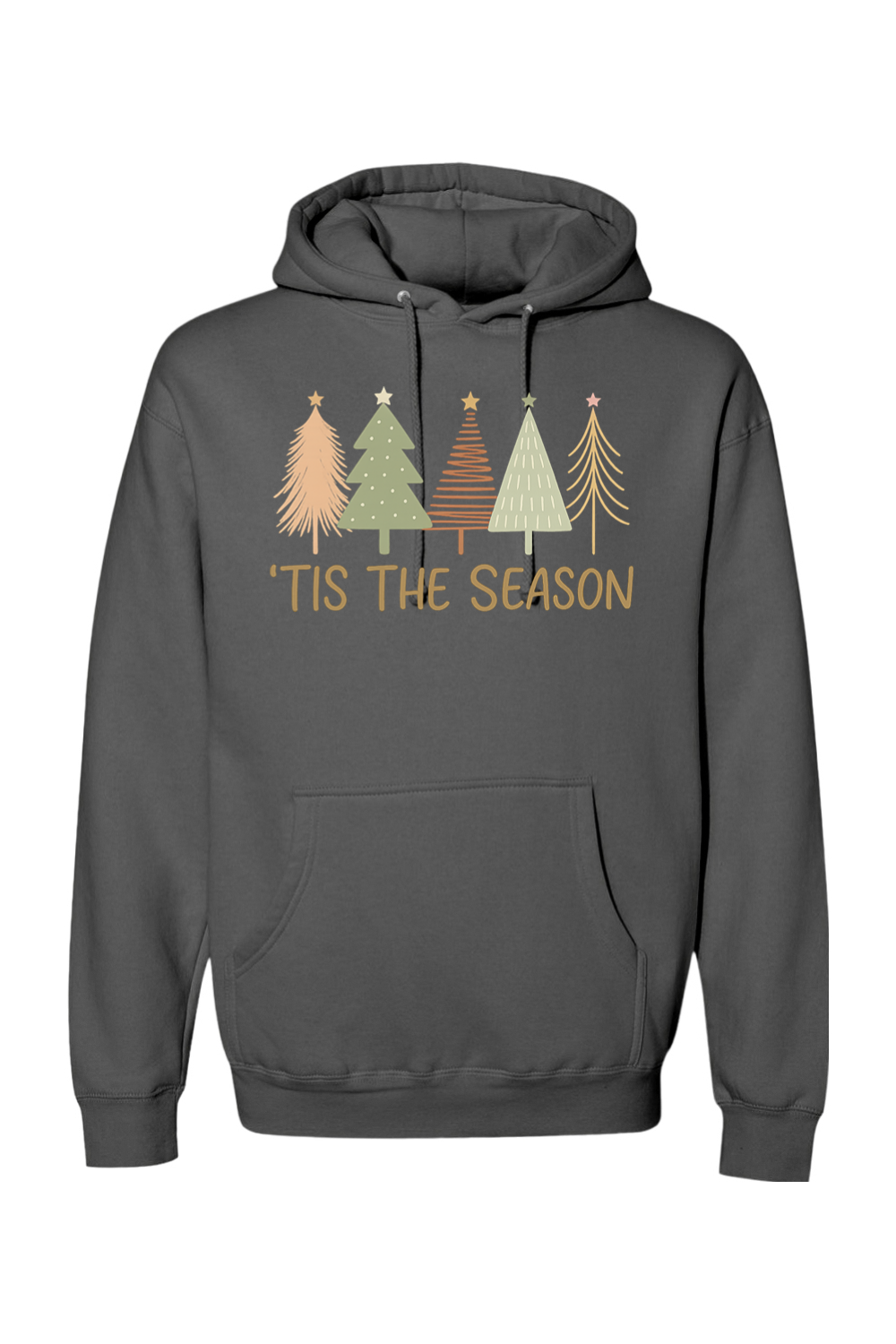 Dark gray Christmas hoodie with "'Tis the Season" text and pastel colored Christmas trees design cute trendy festive holiday long sleeve hooded sweatshirt