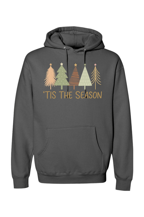 Dark gray Christmas hoodie with "'Tis the Season" text and pastel colored Christmas trees design cute trendy festive holiday long sleeve hooded sweatshirt