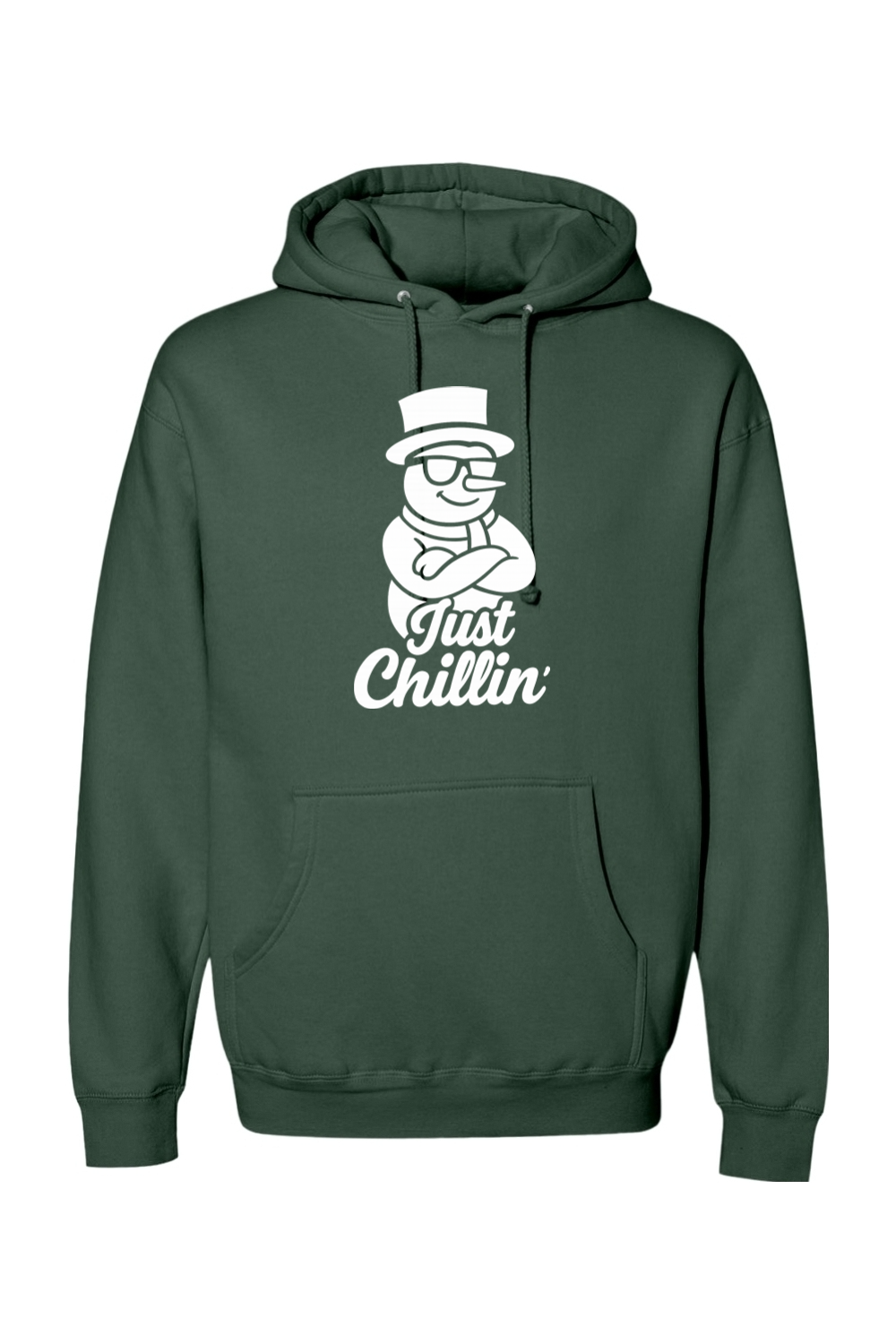 Pine green Christmas hoodie with "Just Chillin'" text in white with a snowman wearing sunglasses and arms crossed design funny holiday humor long sleeve hooded sweatshirt