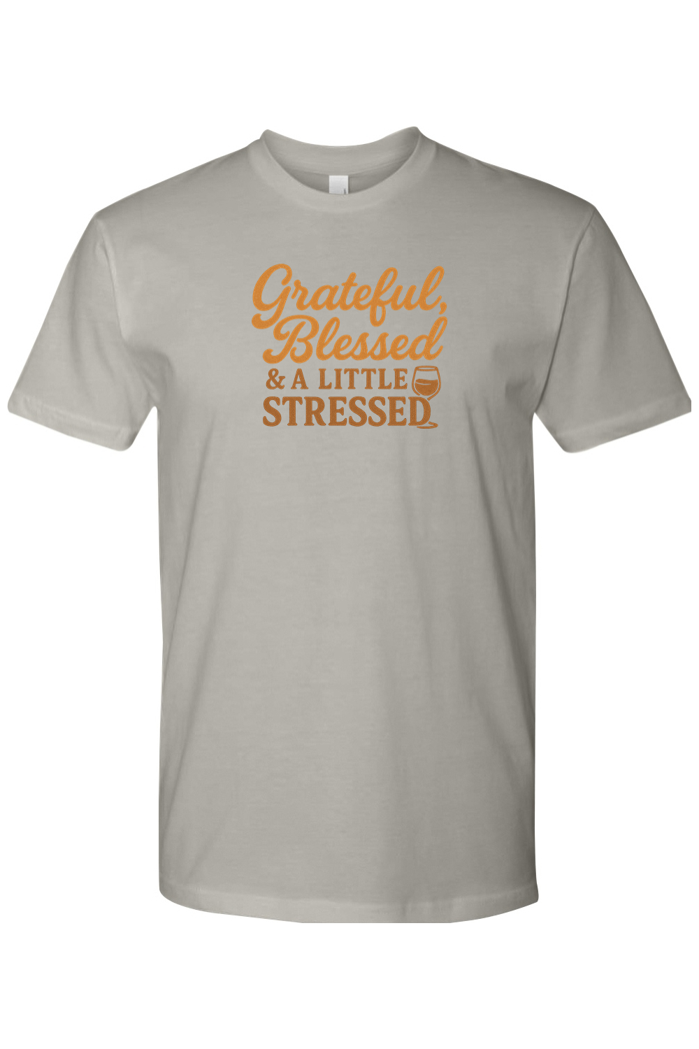 Grey gray Thanksgiving t-shirt with "Grateful, Blessed, & A Little Stressed" text with a wine glass design funny trendy fall holiday short sleeve shirt
