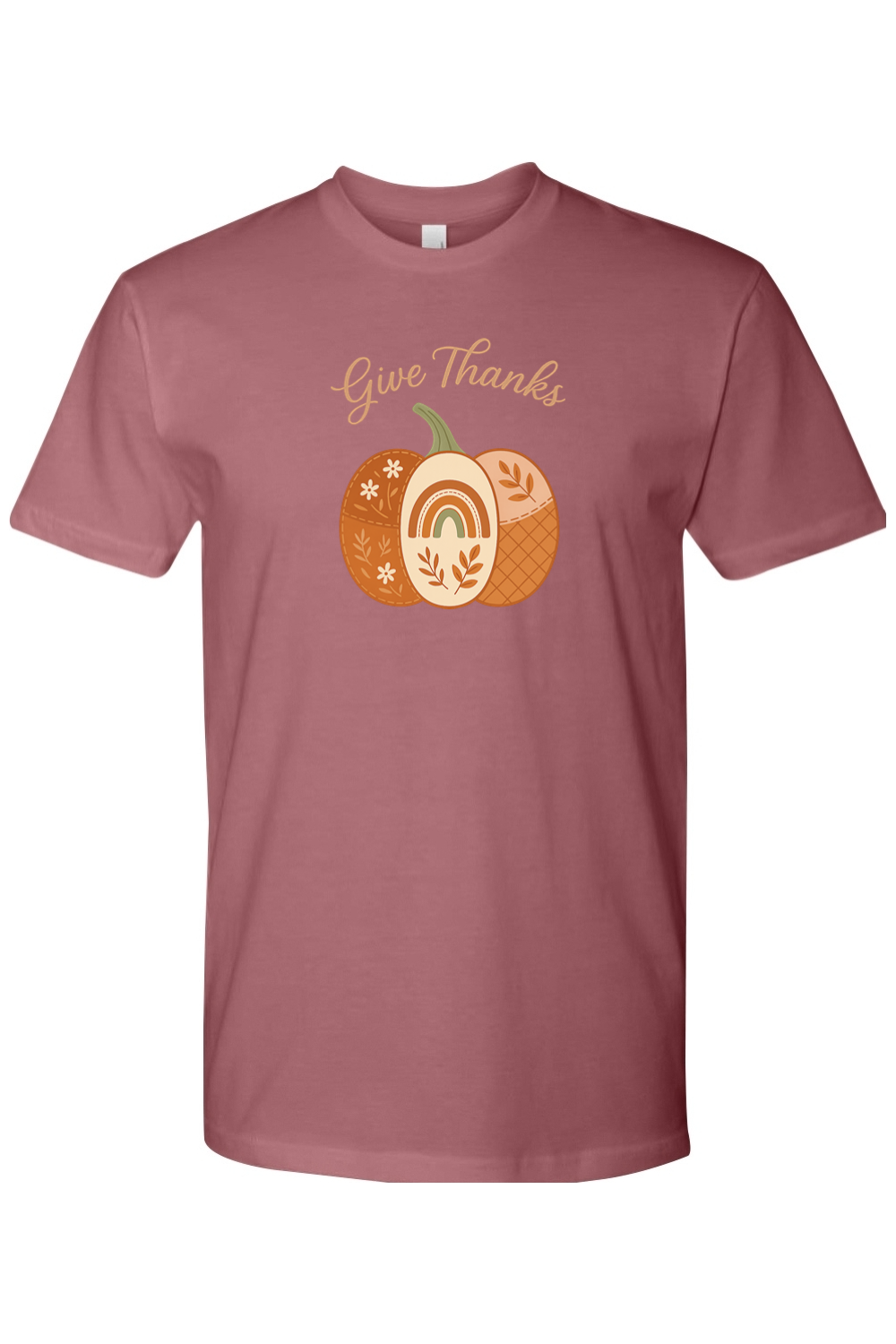 Mauve dark pink Thanksgiving t-shirt with "Give Thanks" text and a patchwork floral leaves rainbow pumpkin design cute vintage trendy fall holiday short sleeve shirt