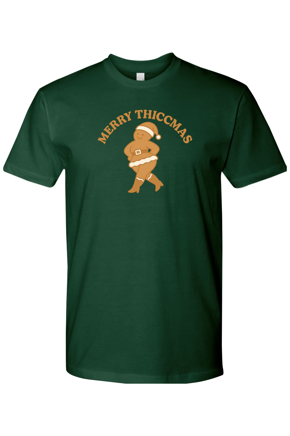 Dark green Christmas t-shirt with "Merry Thiccmas" text and a curvy gingerbread woman design funny humor edgy holiday festive short sleeve shirt