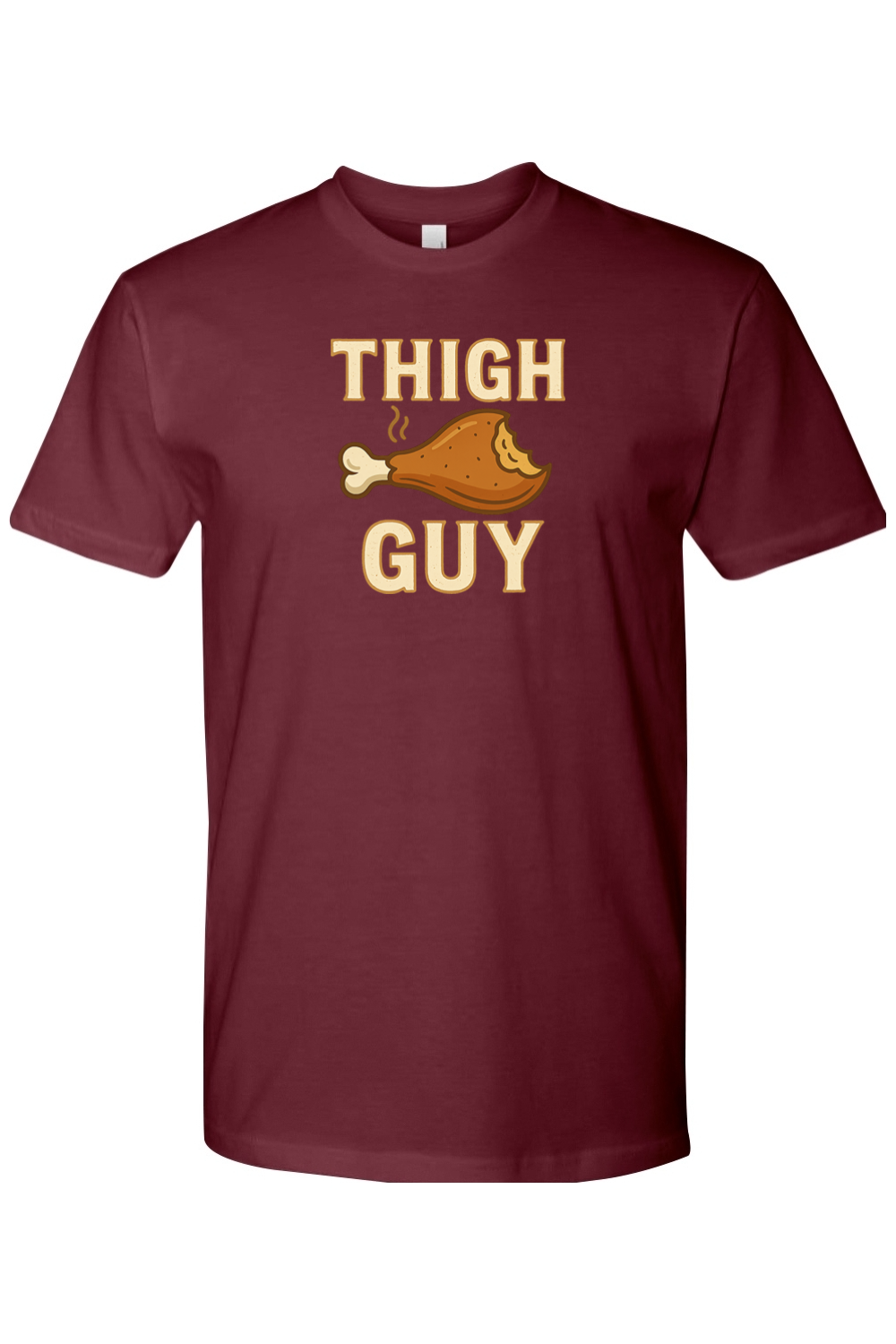 Maroon Thanksgiving t-shirt with "Thigh Guy" text and a turkey leg design funny gym humor fall holiday short sleeve shirt