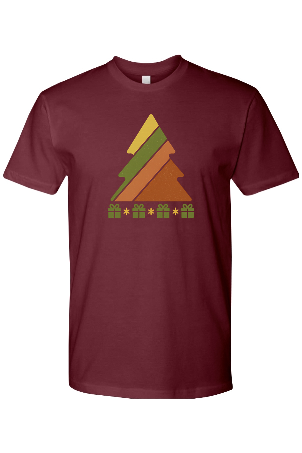 Maroon vintage Christmas t-shirt with a retro striped Christmas tree and presents underneath design cool trendy holiday short sleeve shirt