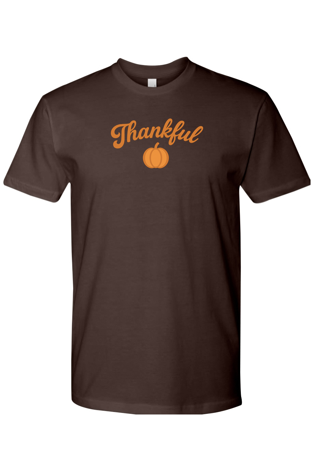 Brown Thanksgiving t-shirt with "Thankful" text and a pumpkin design simple cute trendy fall holiday short sleeve shirt