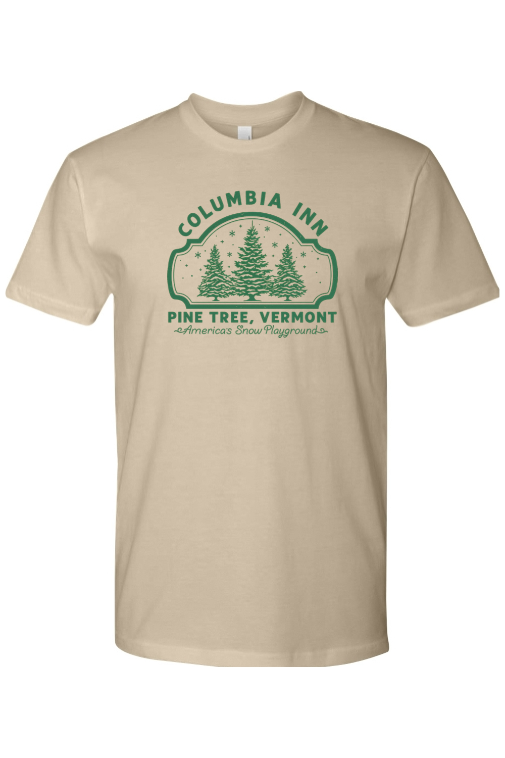 Dark beige Christmas t-shirt with "Columbia Inn Pine Tree, Vermont America's Snow Playground" text in green with a pine tree snow design trendy festive holiday short sleeve shirt
