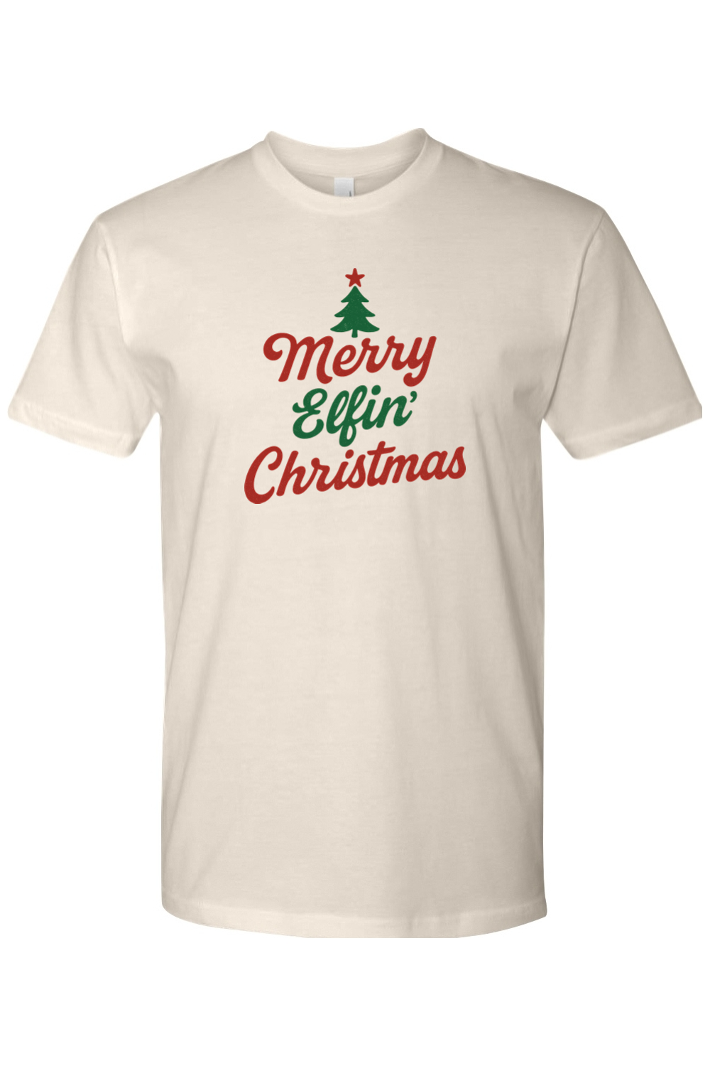 Beige Christmas t-shirt with "Merry Elfin' Christmas" text in cursive with a Christmas tree design funny sarcastic holiday humor short sleeve shirt