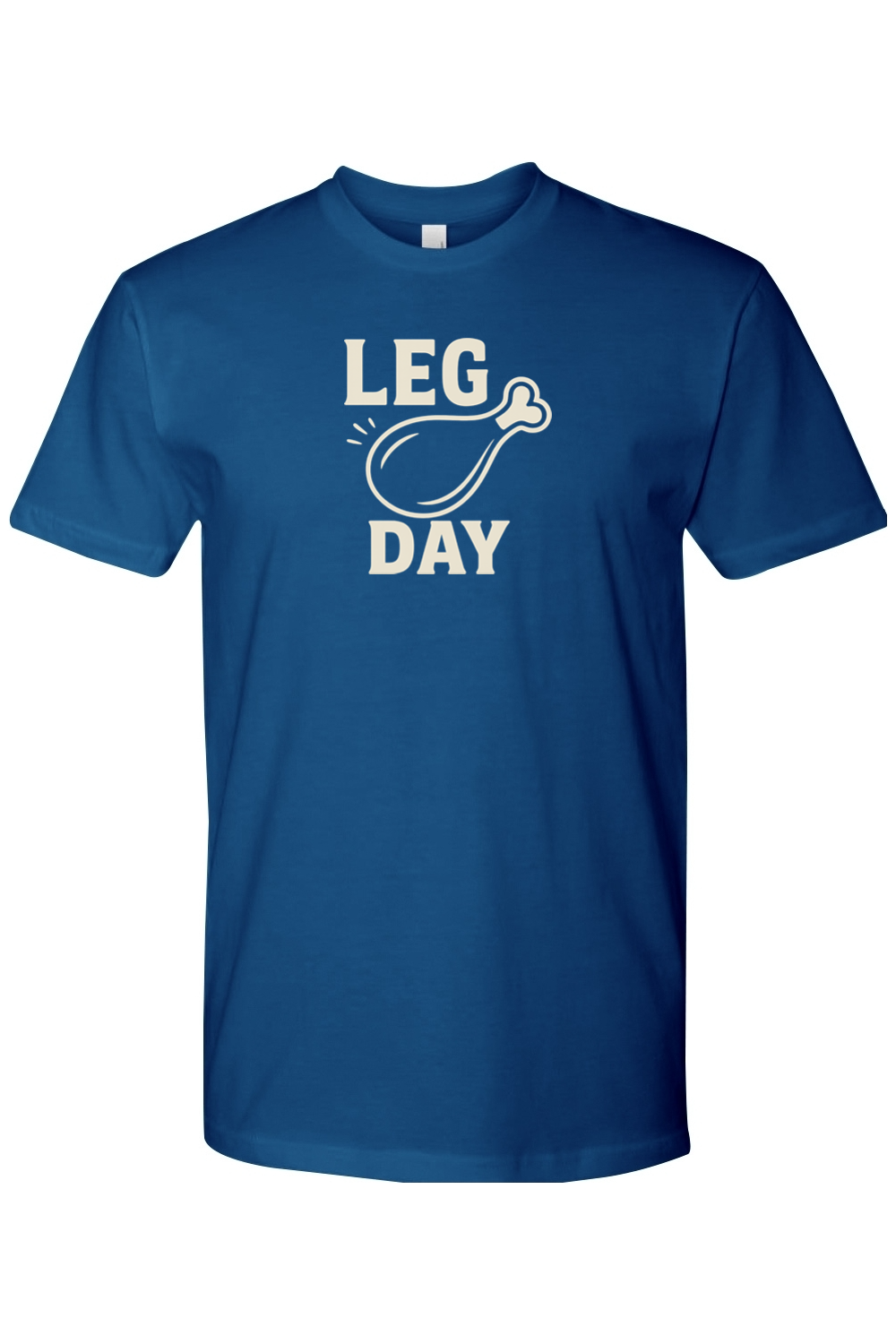 Royal blue Thanksgiving t-shirt with "Leg Day" text and a turkey leg design funny gym humor fall holiday short sleeve shirt