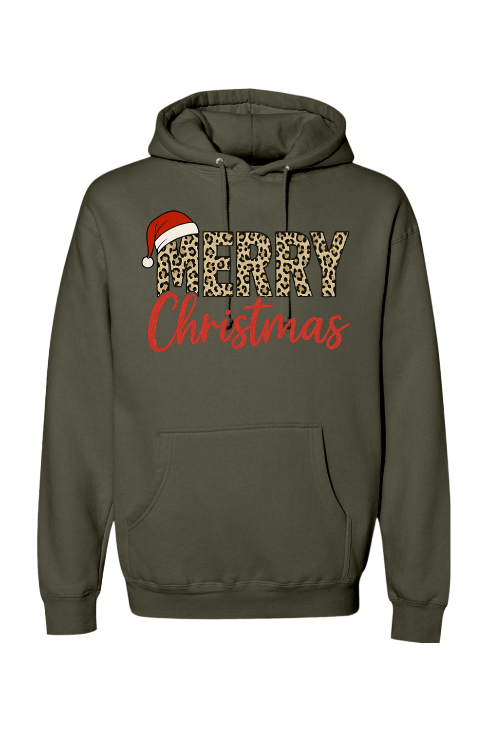 Olive green Christmas hoodie with "Merry Christmas" text in leopard print and red with a Santa hat design cute trendy festive holiday long sleeve hooded sweatshirt