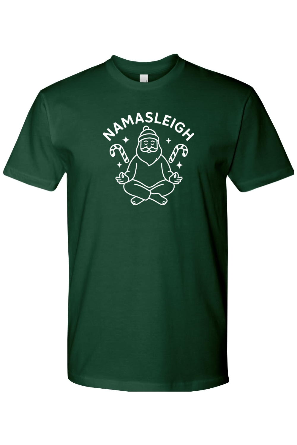 Dark green Christmas t-shirt with "Namasleigh" text in white and a Santa in a yoga pose candy cane star design funny festive holiday short sleeve shirt