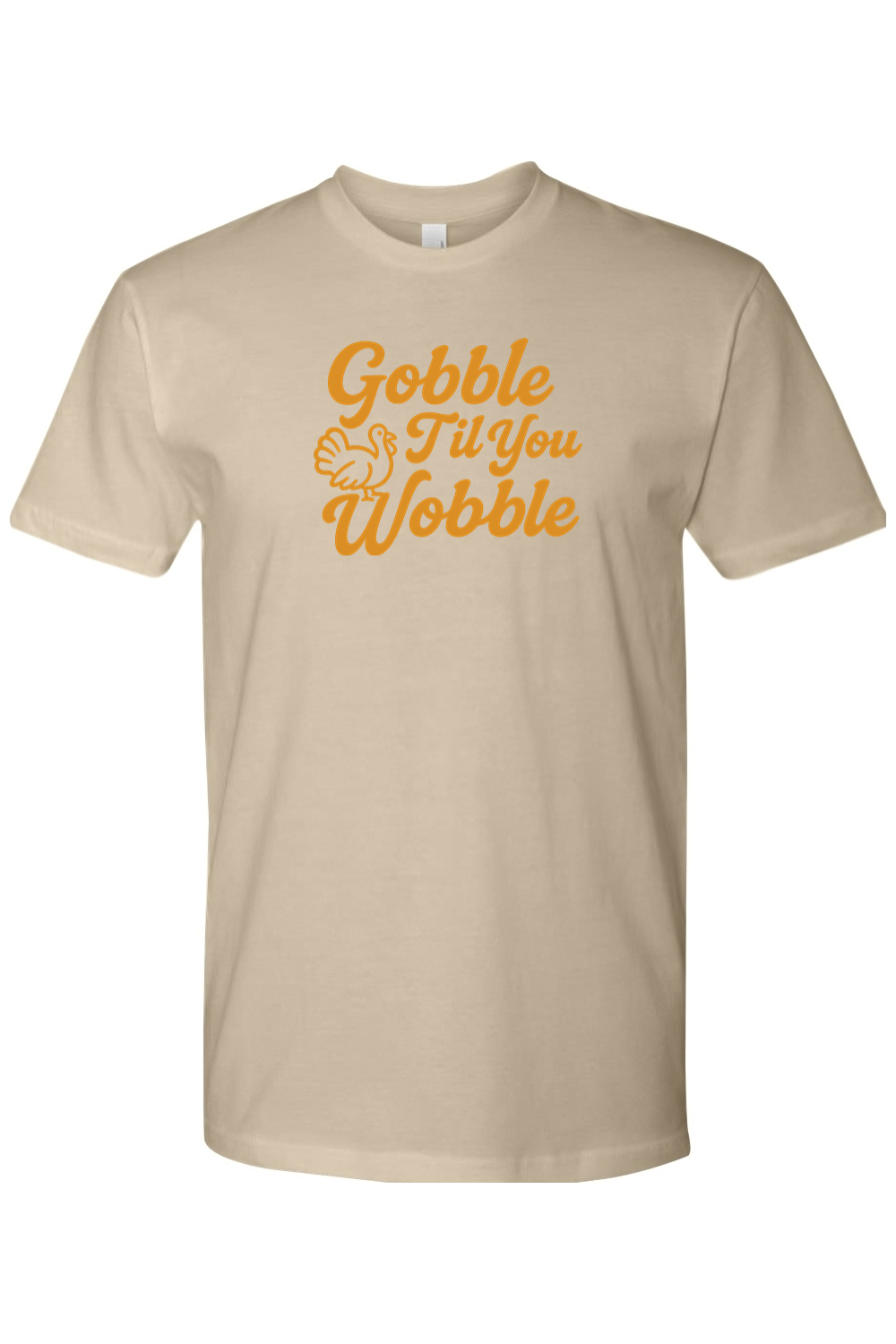 Dark beige Thanksgiving t-shirt with "Gobble Til You Wobble" text and a turkey design funny trendy fall holiday short sleeve shirt