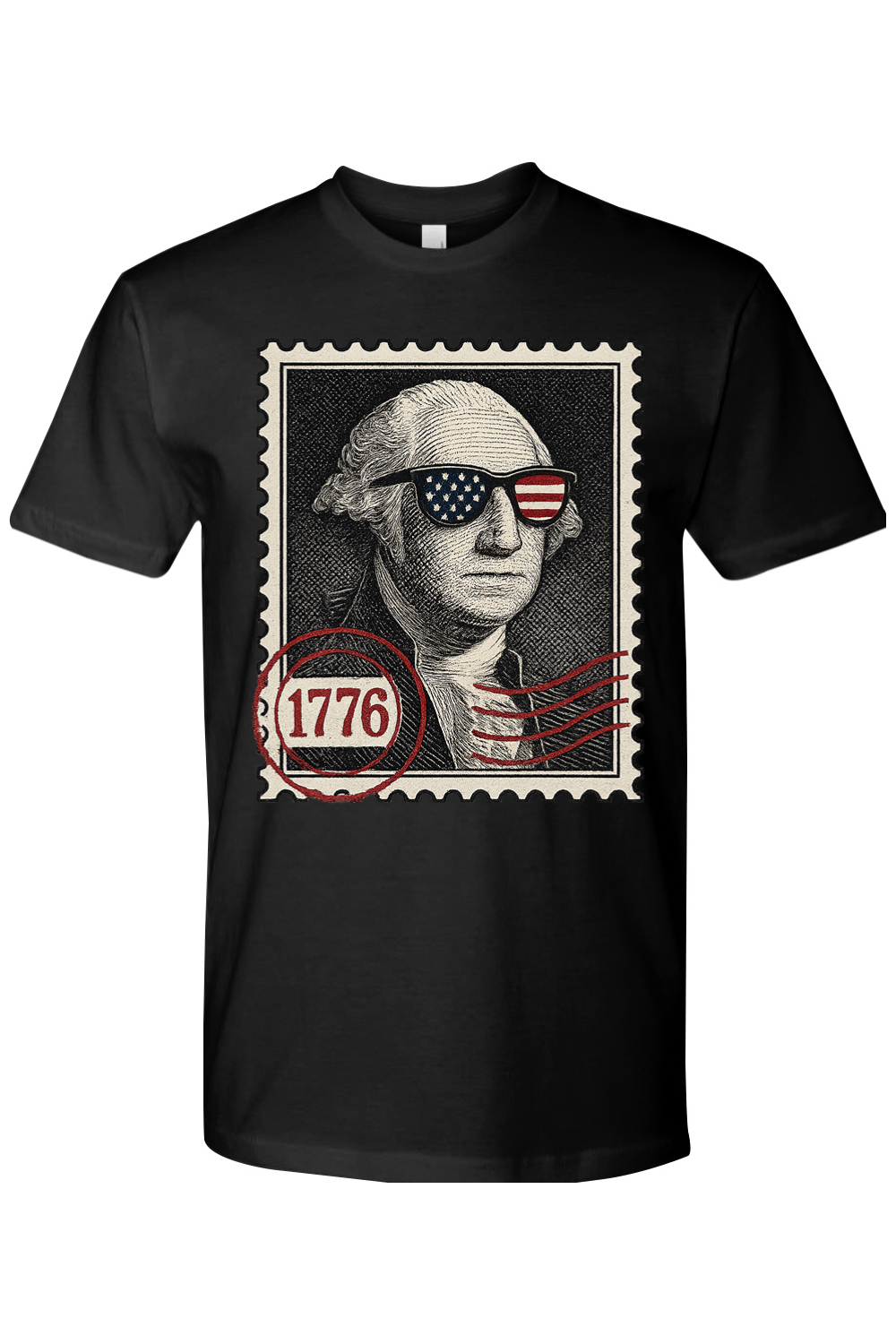 Black t-shirt with a graphic of George Washington wearing sunglasses and a '1776' stamp design.