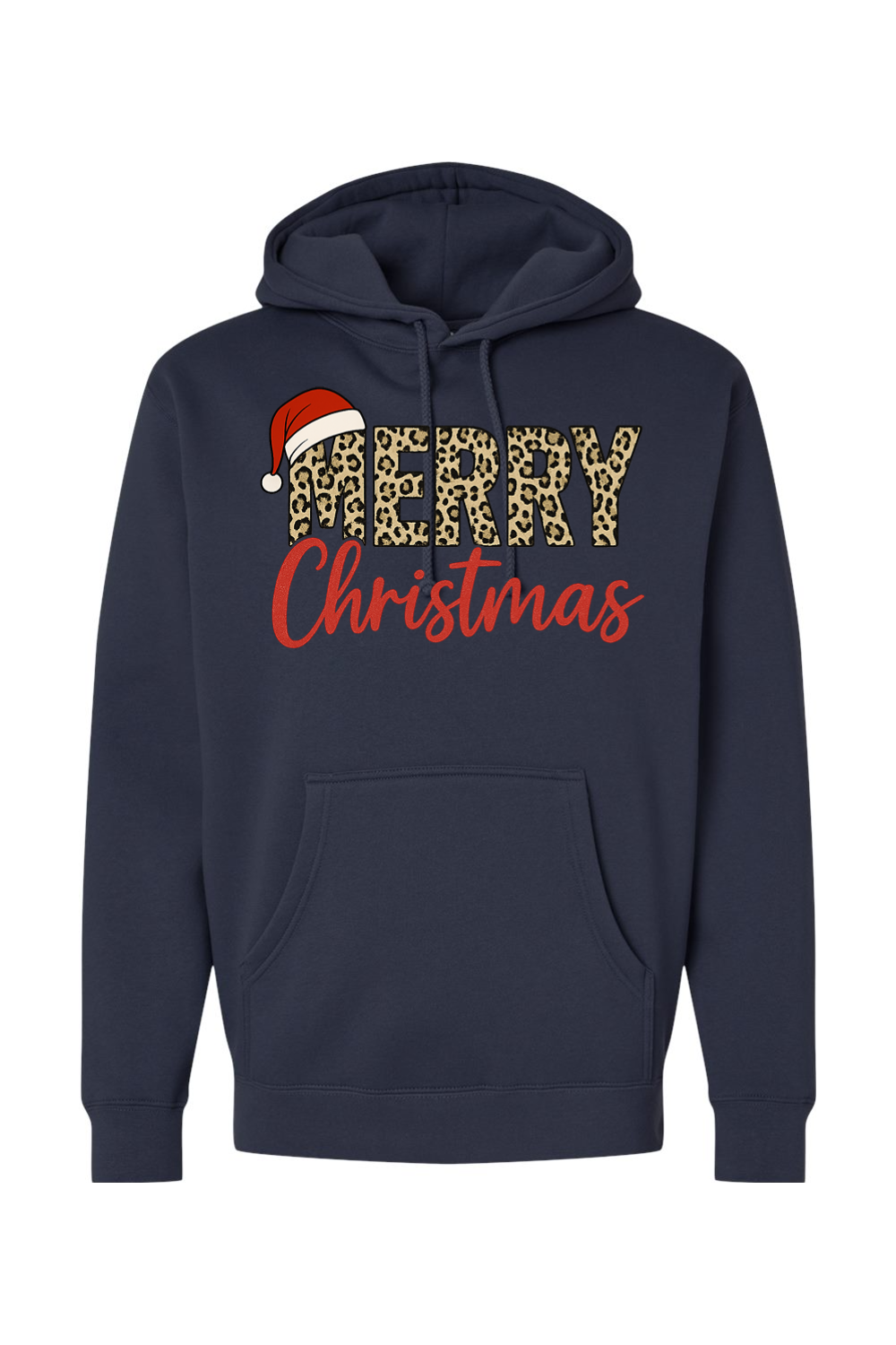 Navy blue Christmas hoodie with "Merry Christmas" text in leopard print and red with a Santa hat design cute trendy festive holiday long sleeve hooded sweatshirt