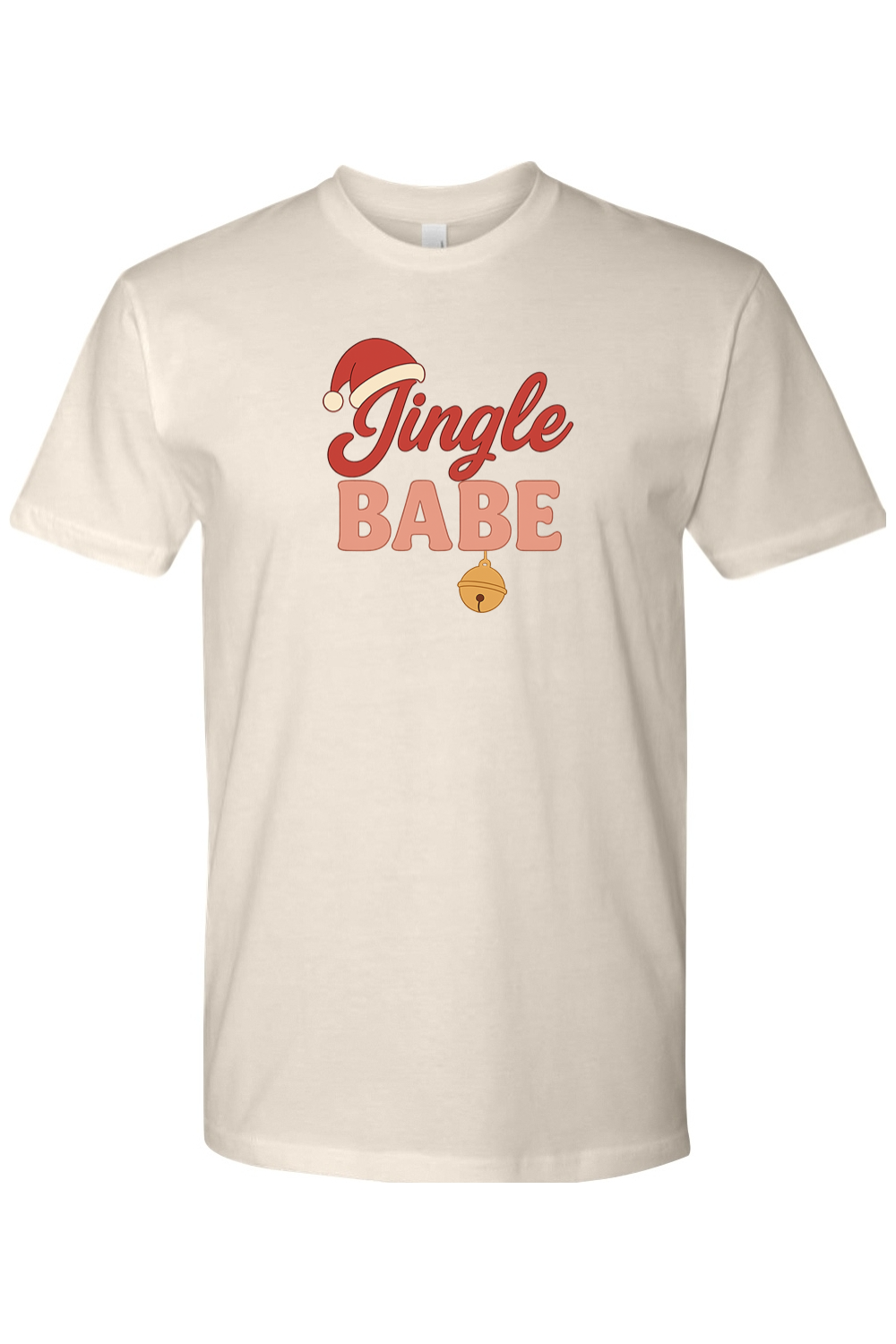 Cream Christmas t-shirt with "Jingle Babe" text and a Santa hat bell design cute girly festive holiday short sleeve shirt