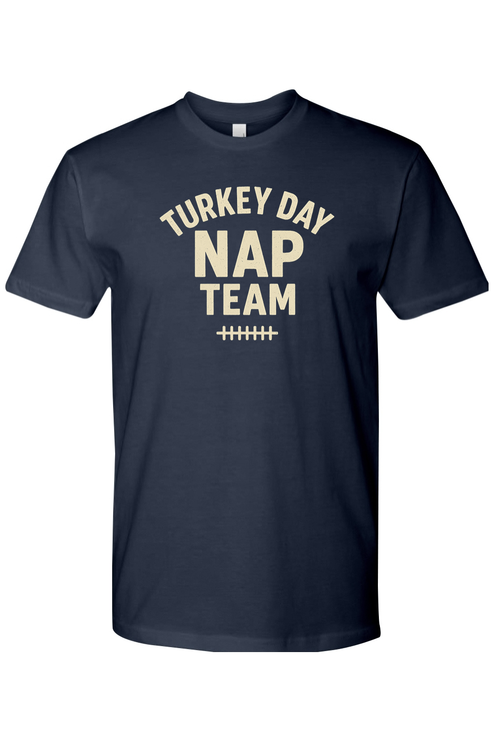 Navy Blue Thanksgiving t-shirt with "Turkey Day Nap Team" text with football laces design funny fall holiday short sleeve shirt