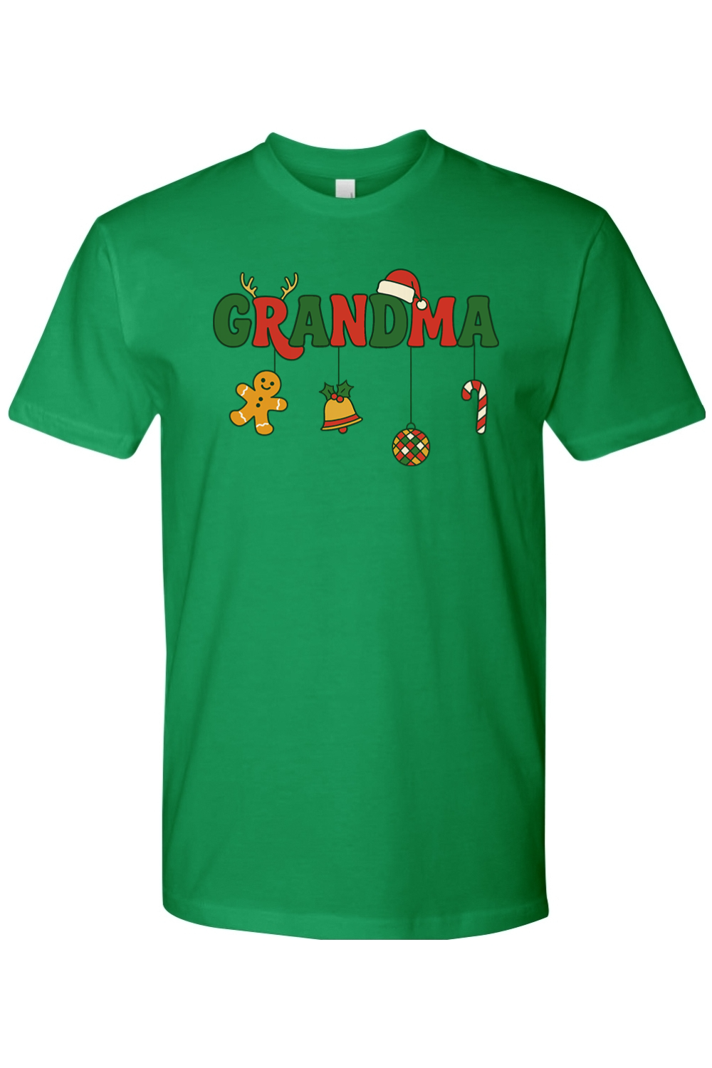 Green Christmas t-shirt with "Grandma" text with gingerbread, bell, disco ball, and candy cane ornaments hanging off the letters cute festive grandma grandmother holiday short sleeves shirt