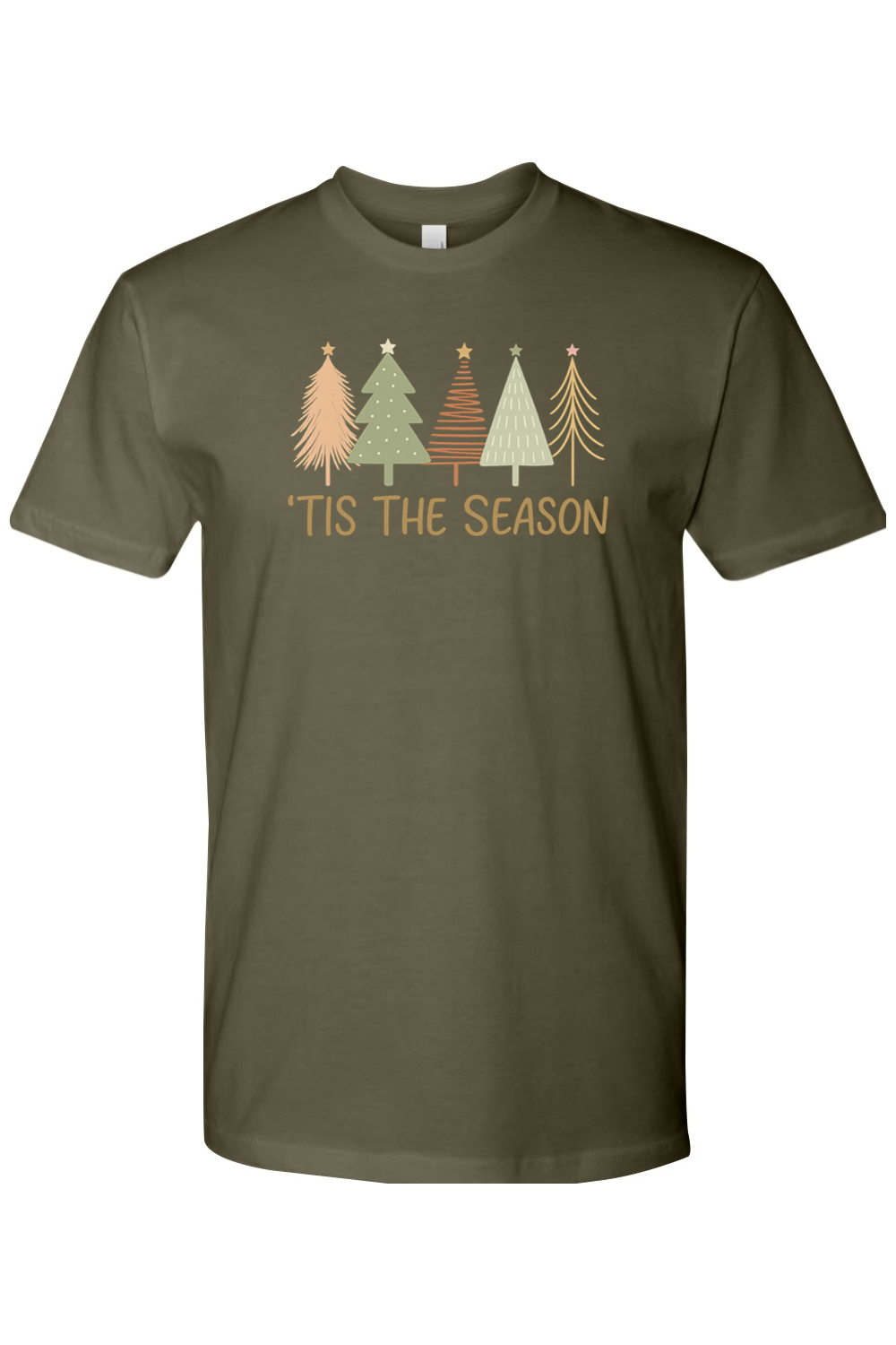 Olive green Christmas t-shirt with "'Tis the Season" text and pastel colored Christmas trees design cute trendy festive holiday short sleeve shirt
