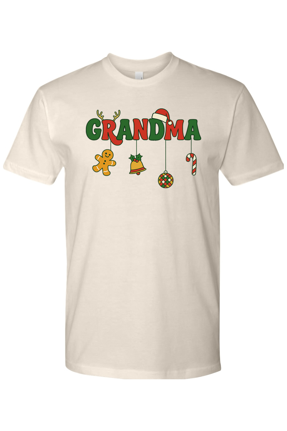 Beige Christmas t-shirt with "Grandma" text with gingerbread, bell, disco ball, and candy cane ornaments hanging off the letters cute festive grandma grandmother holiday short sleeves shirt