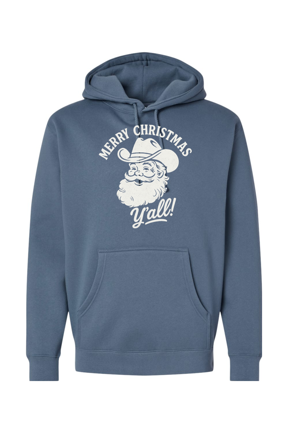 Blue Christmas hoodie with "Merry Christmas Y'all!" text in white with Santa wearing a cowboy hat design funny western holiday long sleeve hooded sweatshirt