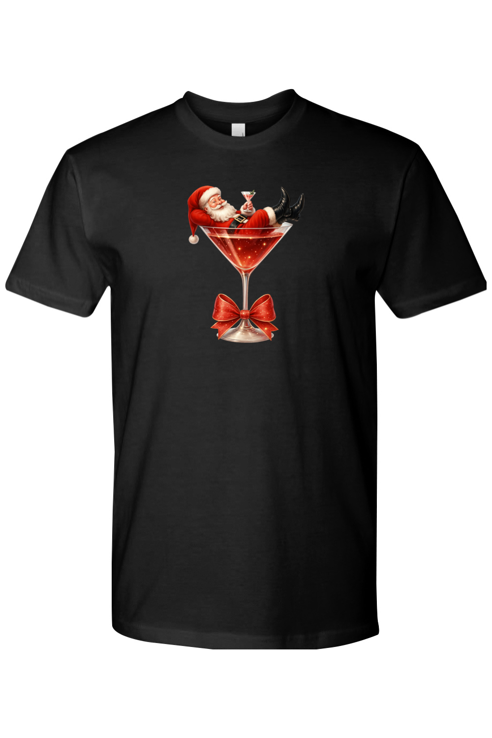 Black Christmas t-shirt with Santa sitting in a martini glass design funny cute holiday short sleeve shirt