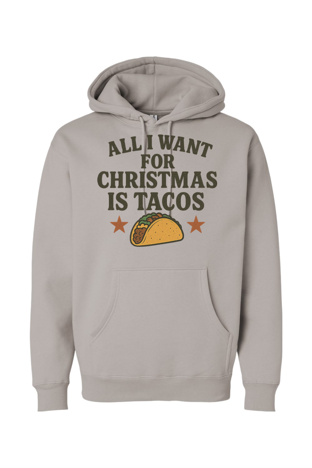 Gray Christmas hoodie with "All I Want for Christmas is Tacos" text with taco and stars design funny humor festive holiday long sleeve hooded sweatshirt