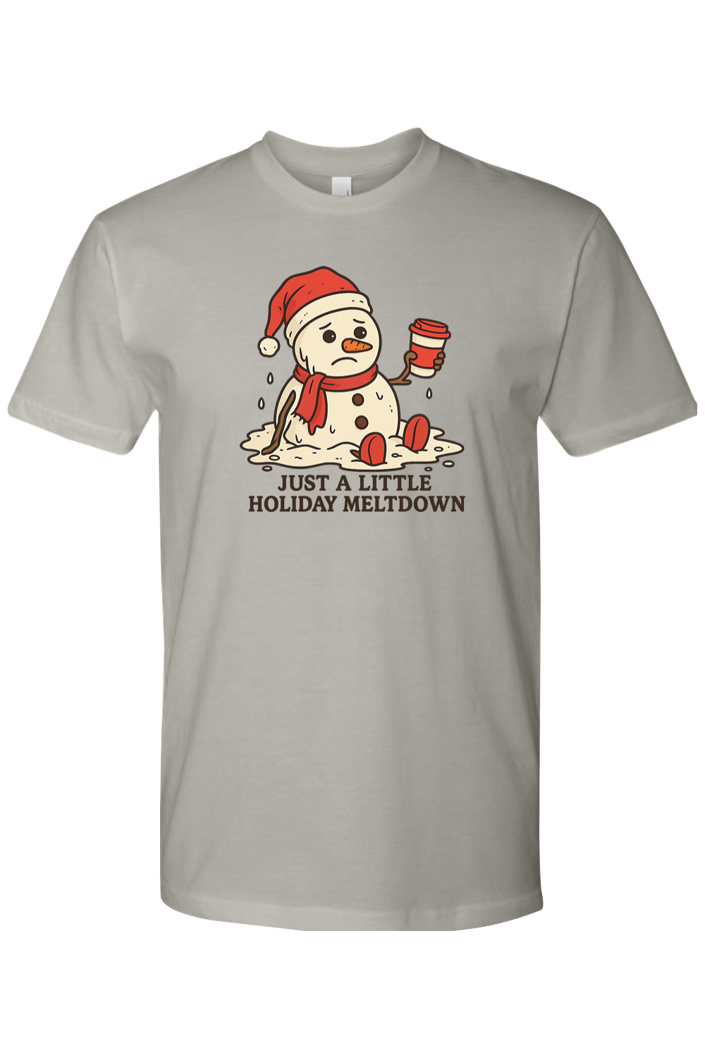 Gray Christmas t-shirt with "Just A Little Holiday Meltdown" text with a melting snowman holding a coffee design funny festive holiday short sleeve shirt