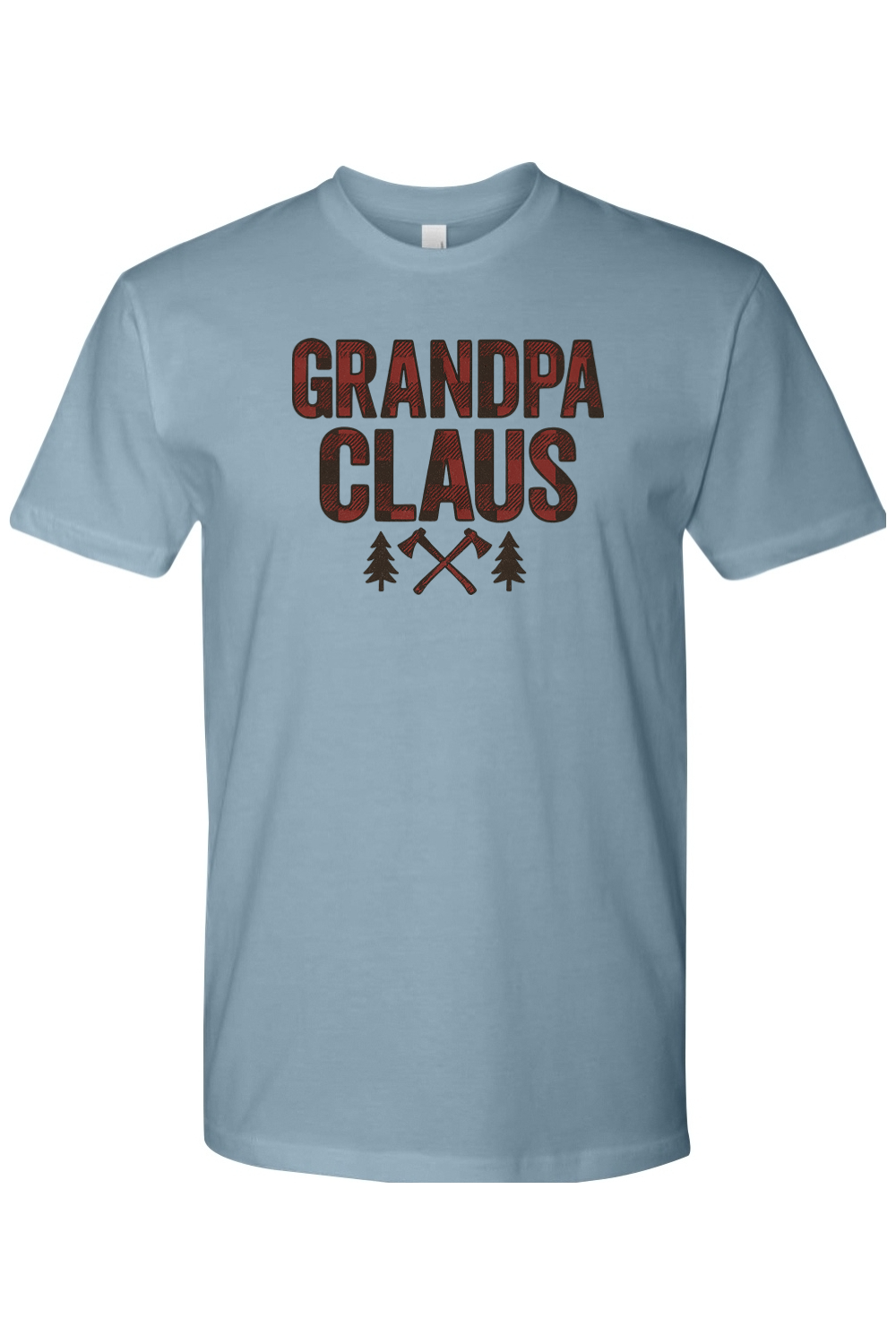 Blue Christmas t-shirt with "Grandpa Claus" text in buffalo plaid with two axes and two trees design cool trendy grandpa grandparent holiday short sleeve shirt