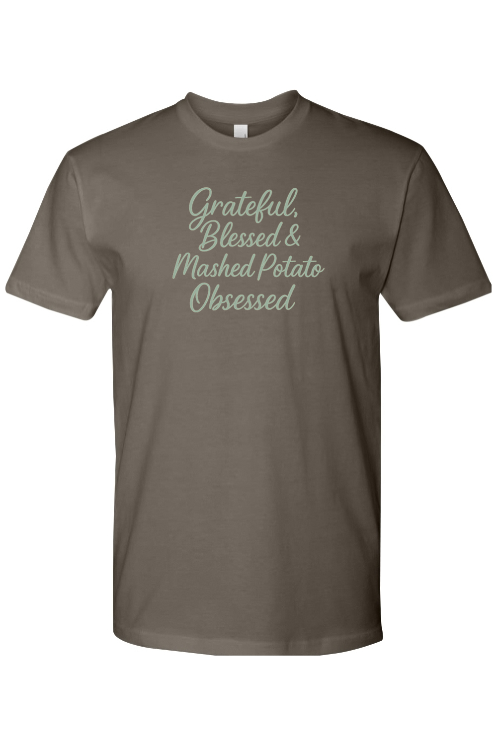 Grey gray Thanksgiving t-shirt with "Grateful, Blessed, & Mashed Potato Obsessed" text funny humor fall holiday short sleeve shirt