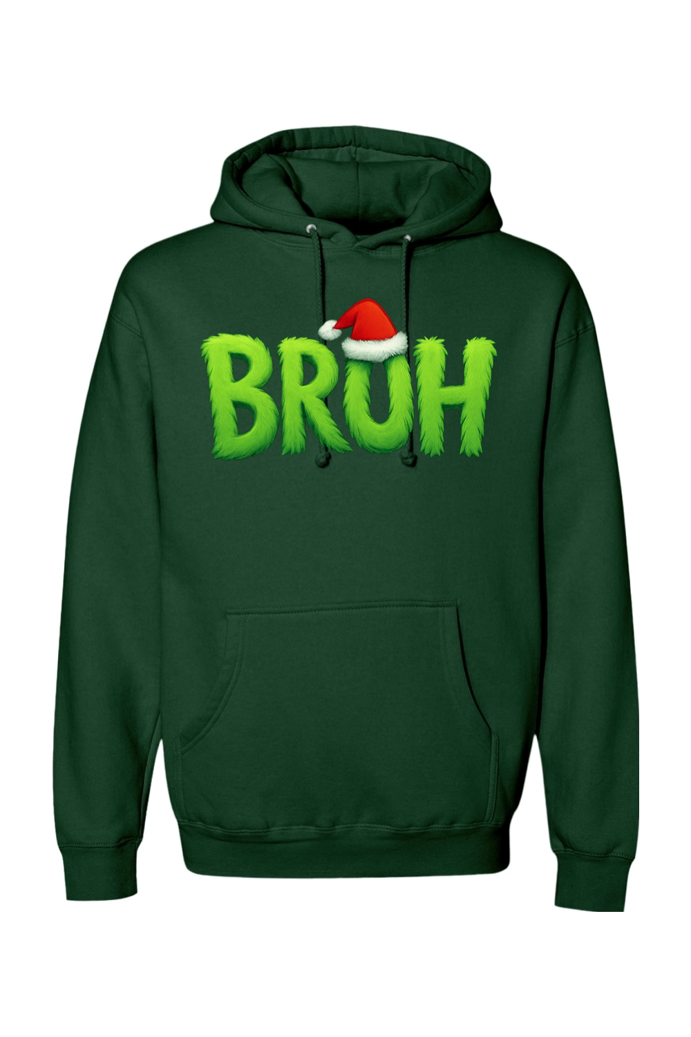 Dark green Christmas hoodie with "BRUH" text with a Santa hat design funny holiday humor long sleeve hooded sweatshirt
