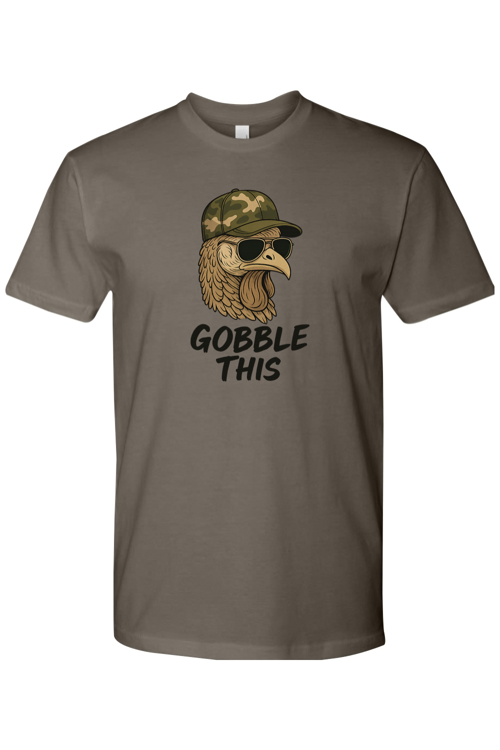 Dark grey gray Thanksgiving t-shirt with "Gobble This" text with a turkey in sunglasses and camouflage hat funny hunting military fall holiday short sleeve shirt