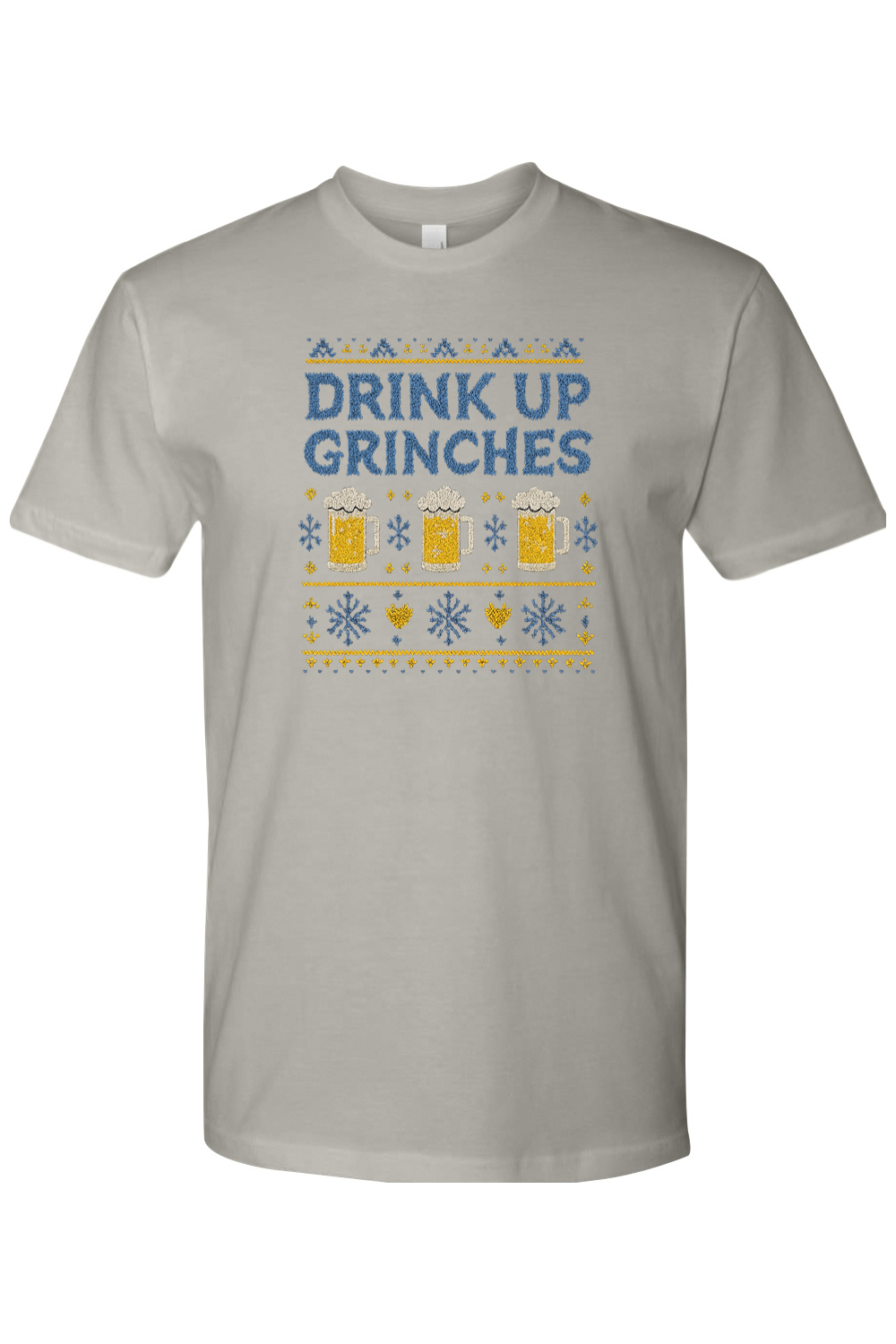 Gray Christmas t-shirt with "Drink Up Grinches" text with sweater pattern look with beer and snowflakes design funny holiday humor short sleeve shirt
