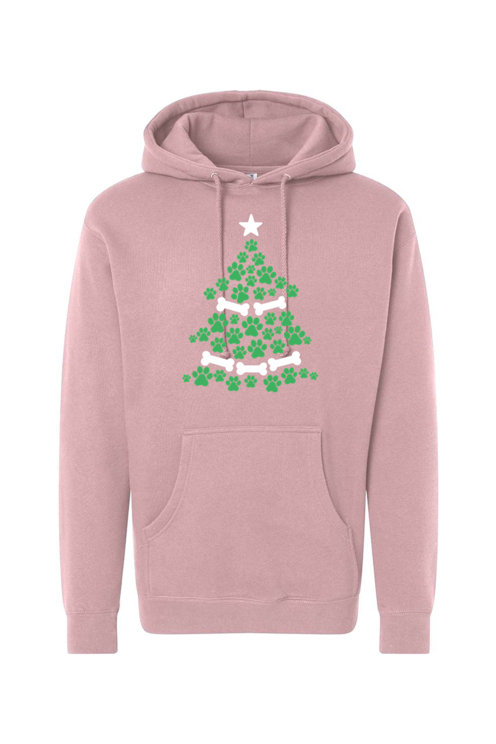 Pink Christmas hoodie with a Christmas tree design made out of paw prints and bones cute dog pet animal lover long sleeve hooded sweatshirt